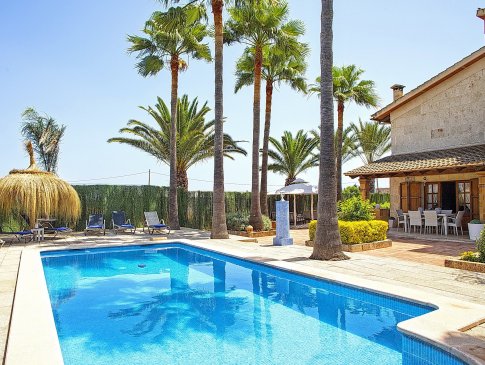 Blick vom Poolrand auf Palmen und das Wohngebäude, Villa Agueda, Muro