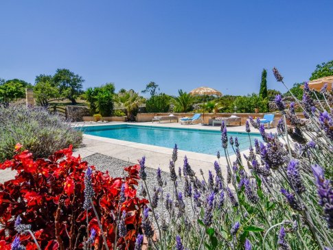 Idyllisch eingebettet von mediterranen Pflanzen - der Poolbereich der Finca Xina, Arta