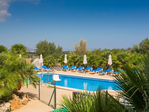 Blick auf den Pool umgeben von Palmen und Bäumen, Finca Sa Pedrera, Playa de Muro, Can Picafort