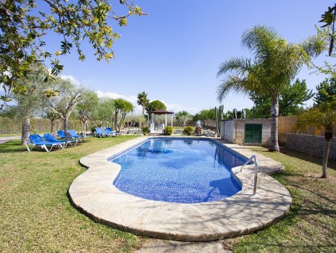 Pool umgeben von Bäumen und Palmen, Finca Rasquell, Binissalem